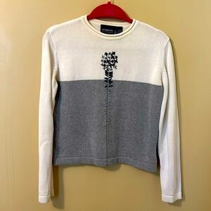 Liz Claiborne Vintage 100% Cotton Sweater Grey White Floral Embroidery Neutral S